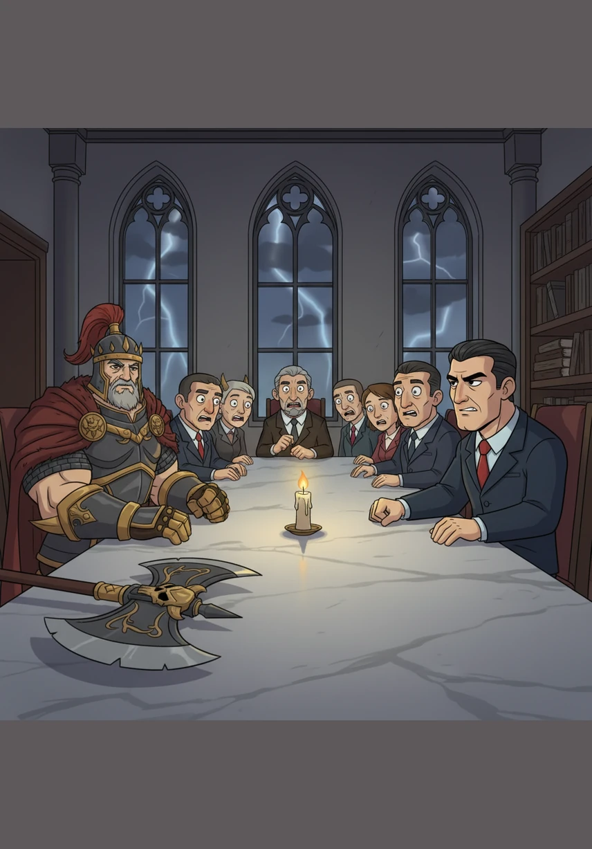 Tension rises as Cesar meets with rival leaders at a long, marble table. With a simple, firm gesture, he settles a dispute that could have started a war, proving his dominance through wisdom rather than violence. The other men watch him with a mix of envy and terror.