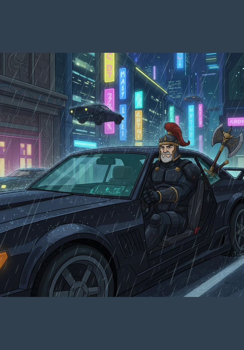 Cesar navigates a rainy street in a sleek, vintage black car, the engine humming a low, powerful tune. The city lights reflect off the wet pavement as he moves like a shadow through his kingdom. He remains unseen, yet his influence is felt in every corner of the city.