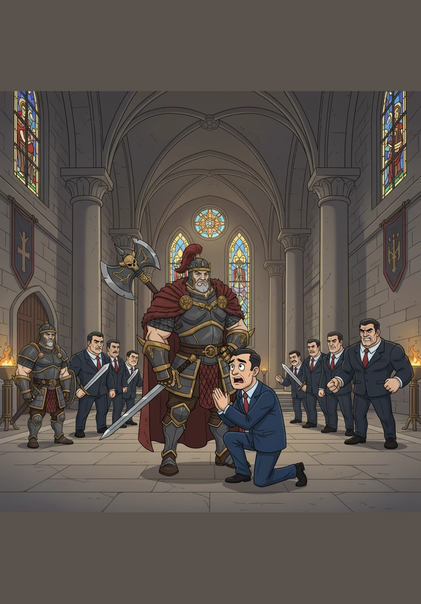 A loyal group of associates stands behind Cesar as he addresses them in a grand, vaulted hall. His words are few, but they inspire a loyalty that is stronger than any law or blood bond. They would follow him into the fire, for he is their leader and their protector.