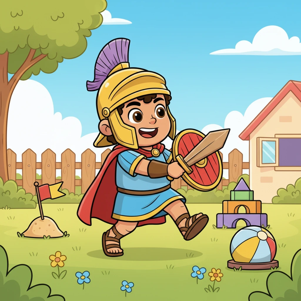 Leo, un joven con una armadura de juguete un poco grande para él, practica con una espada de madera en el patio de su casa. Sus movimientos son torpes, pero su sonrisa es grande y sus ojos brillan con determinación. El sol de la mañana ilumina los vibrantes colores de su pequeño campamento de entrenamiento imaginario.