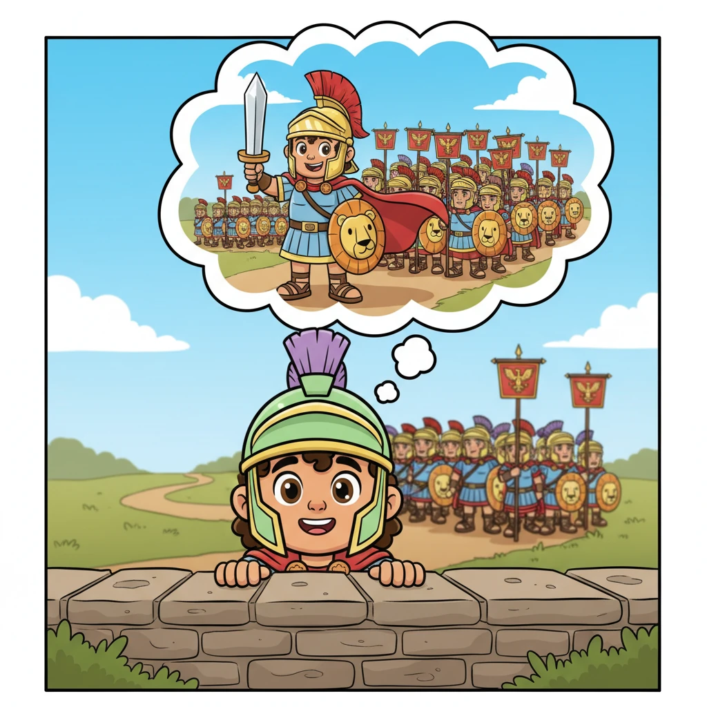 Leo se asoma por encima de una pared baja, observando a los poderosos legionarios romanos marchar con paso firme. Su imaginación vuela y se ve a sí mismo liderando una gran legión, con una capa ondeando al viento y un casco brillante. Un gran bocadillo de pensamiento flotante con su heroica visión aparece sobre su cabeza.