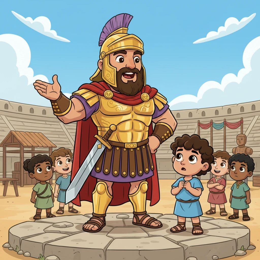 El Centurión Marcus, un guerrero respetado con una barba impresionante y una armadura reluciente, anuncia un desafío para los jóvenes aspirantes. Su voz resuena con amabilidad y fuerza, invitando a todos a probar su valía. Leo escucha atentamente, su corazón latiendo con emoción y un poco de nerviosismo.