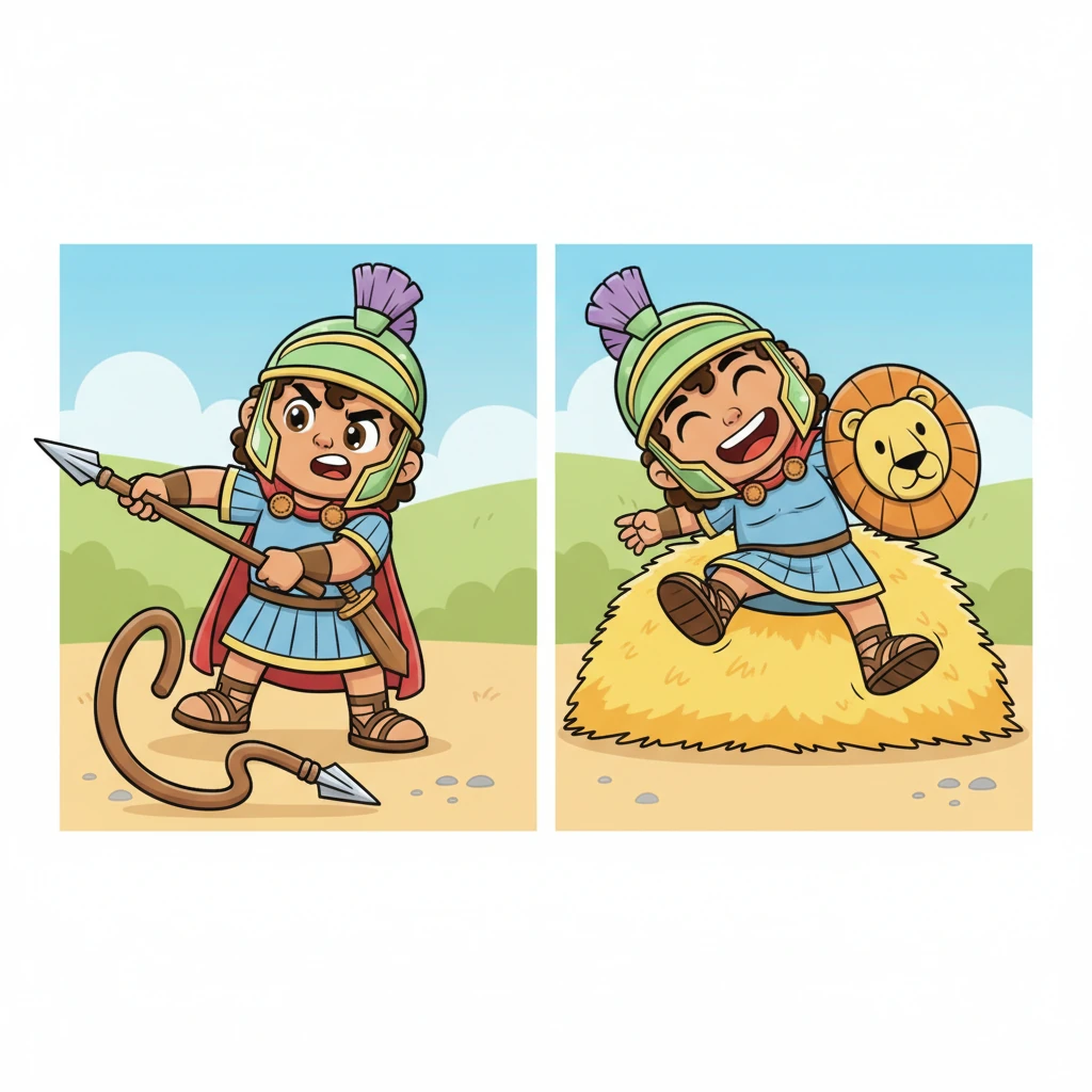 Leo intenta lanzar una jabalina de entrenamiento, pero esta se dobla de forma cómica y aterriza a sus pies. Luego, con un escudo pesado, casi pierde el equilibrio, cayendo de forma graciosa sobre un montón de heno. A pesar de los pequeños desastres, se levanta cada vez con una risa y una actitud positiva.