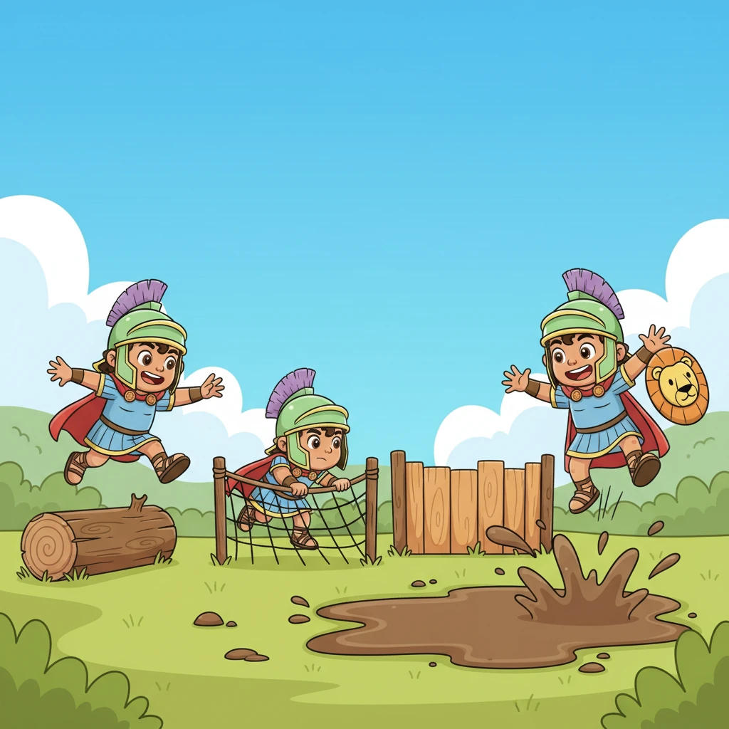 En una carrera de obstáculos, Leo salta sobre un tronco, se desliza bajo una red y trepa por una pequeña muralla de madera. Se tropieza al pasar por un charco de barro, pero se recupera con un ágil salto, dejando una estela de salpicaduras divertidas. Su rostro está lleno de concentración y alegría mientras avanza.