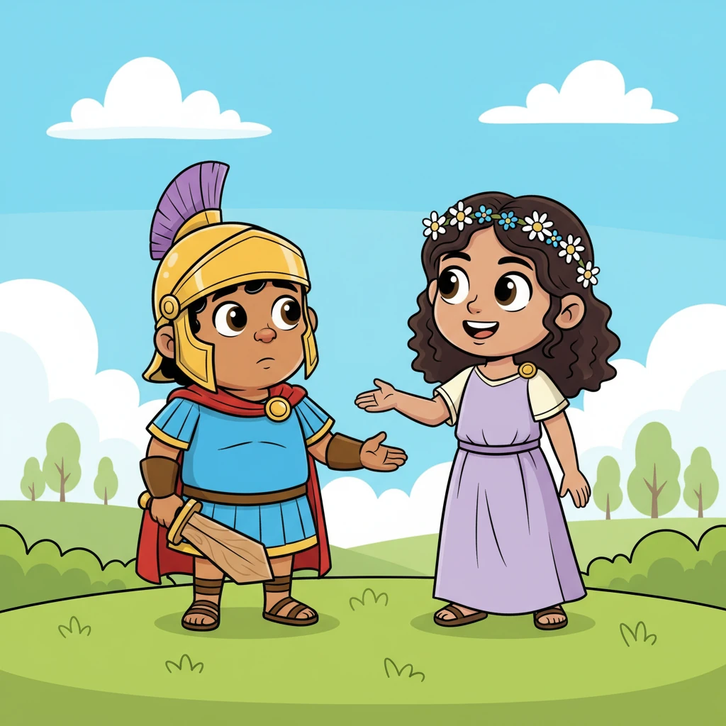 Una niña de su edad, llamada Livia, con una diadema de flores, se acerca a Leo con una sonrisa reconfortante. Ella le recuerda que la fuerza no es solo músculo, sino también un corazón valiente y una mente rápida. Sus palabras llenan a Leo de una nueva esperanza y determinación.