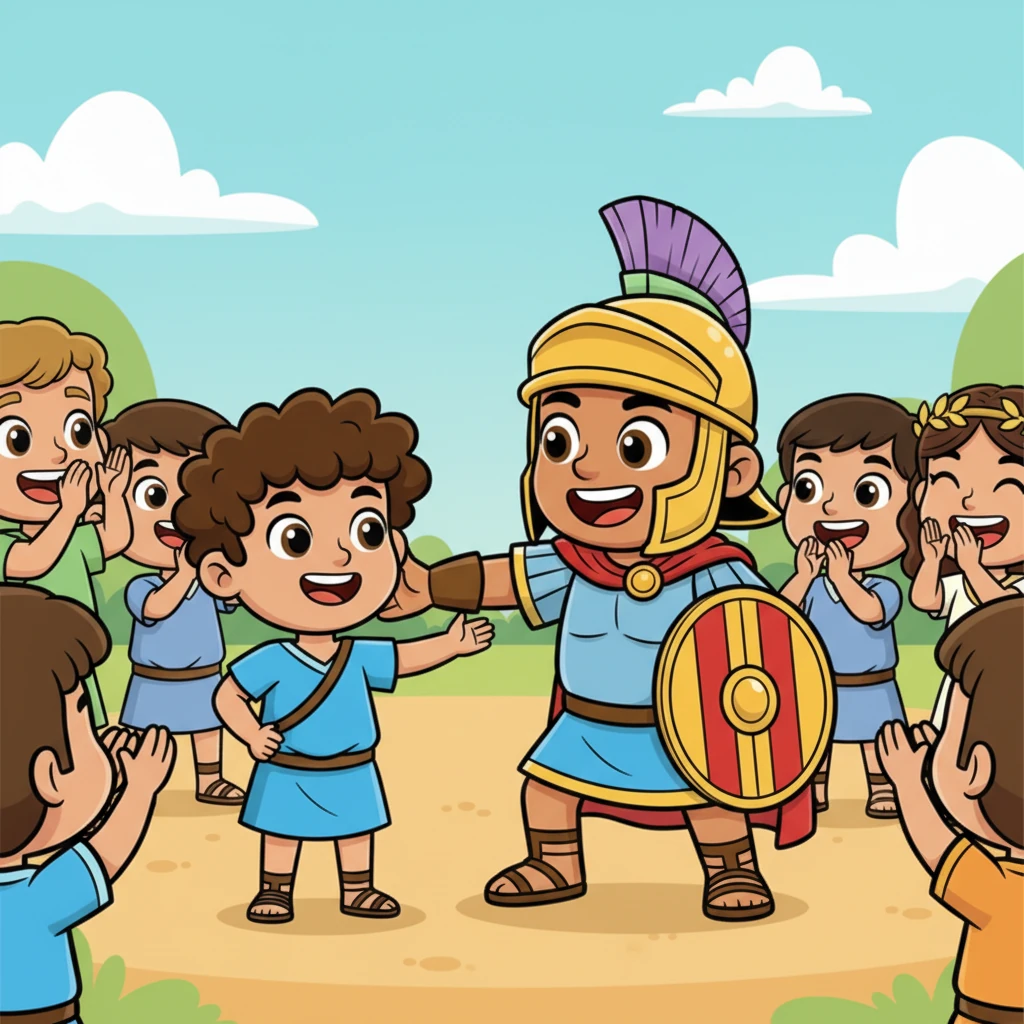 El Centurión Marcus sonríe ampliamente y se acerca a Leo, dándole una palmada amigable en la espalda. Elogia su valentía, su compasión y su espíritu inquebrantable, declarándolo un verdadero guerrero. Los demás jóvenes aplauden con entusiasmo, reconociendo el mérito de Leo.