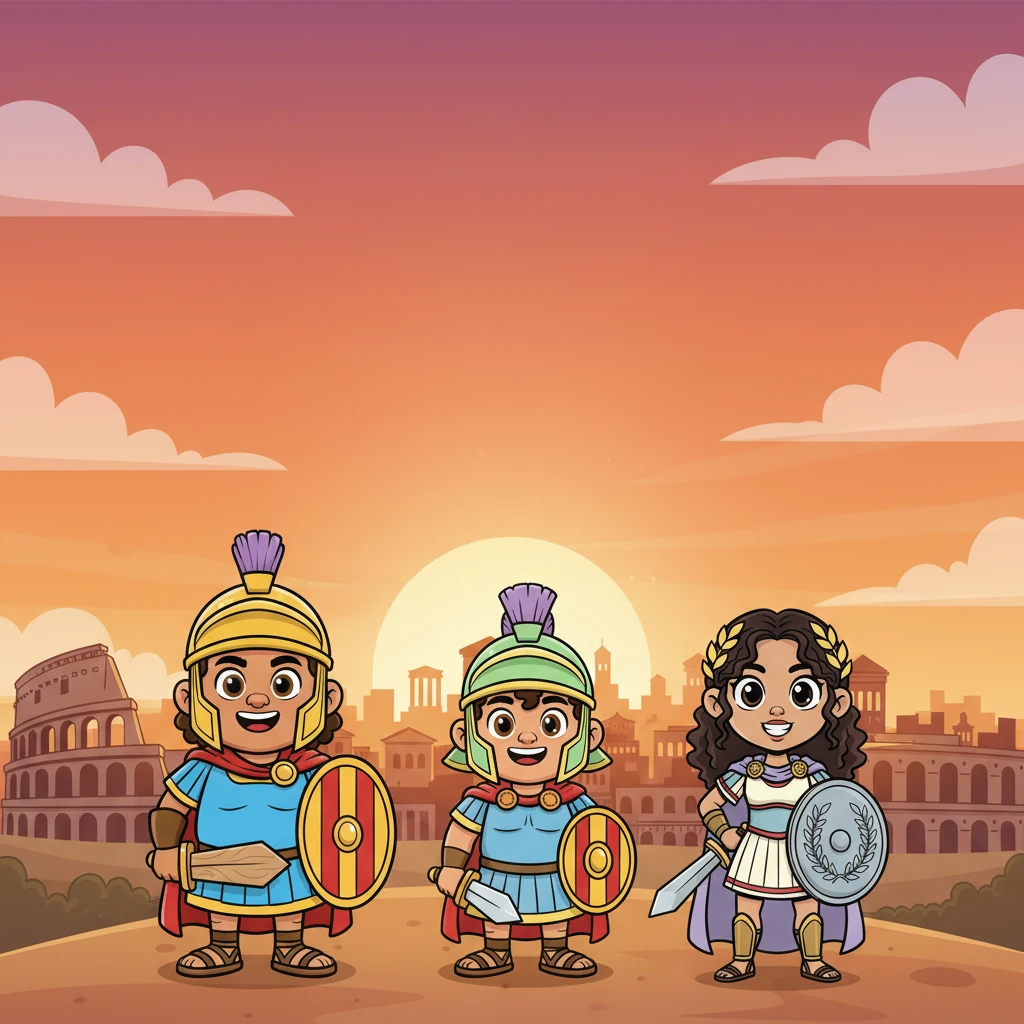 Leo, ahora vistiendo una armadura romana de tamaño adecuado, aunque aún con su toque personal de alegría, se une a sus nuevos compañeros legionarios. Juntos, miran hacia el horizonte de una Roma vibrante, listos para cualquier aventura que el futuro les depare. El sol poniente pinta el cielo con tonos cálidos y esperanzadores.