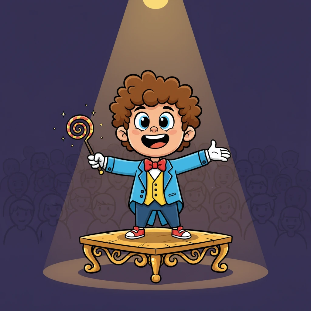 Maestro Piccolo, a tiny conductor with an oversized, twirly baton, stands on a grand, slightly wobbly stage bathed in a single spotlight. He beams with excitement, announcing the "Greatest Show in Whimsyville!" to an unseen, eager audience.