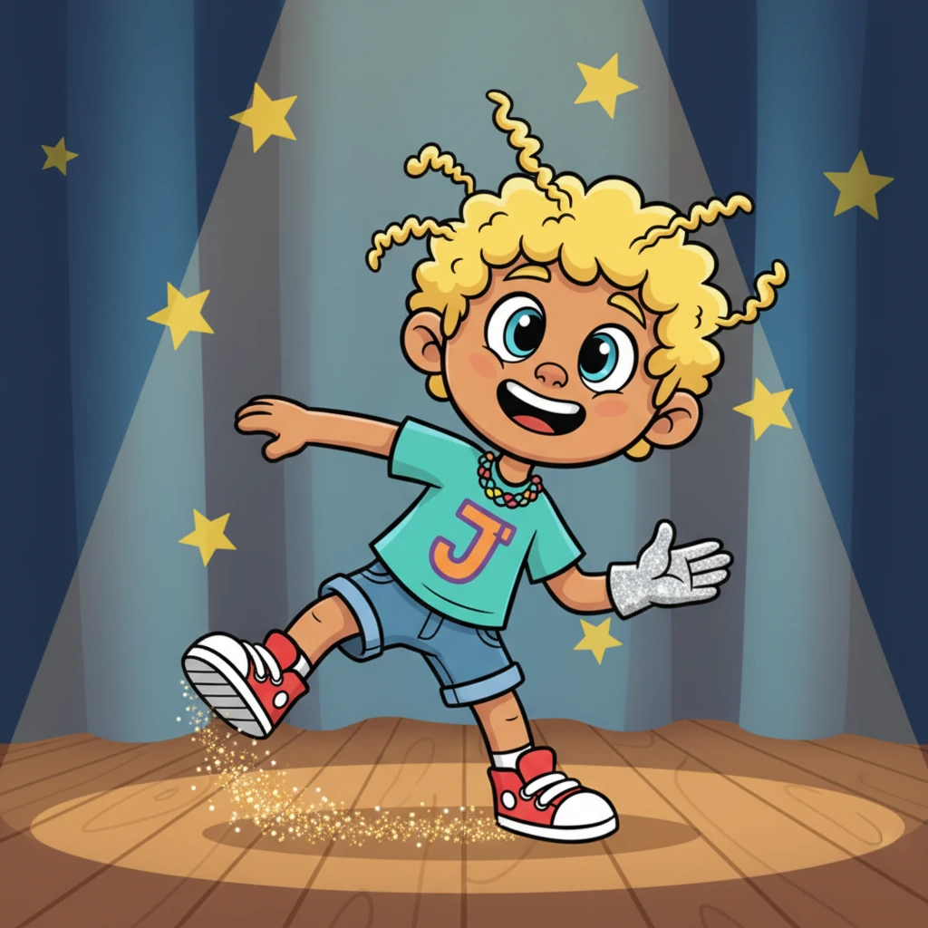 First to arrive is Little MJ, a child with a sparkling glove and a wide grin, practicing his iconic moonwalk. His exaggerated hair bounces with each smooth glide, leaving a shimmering trail of glitter across the stage.