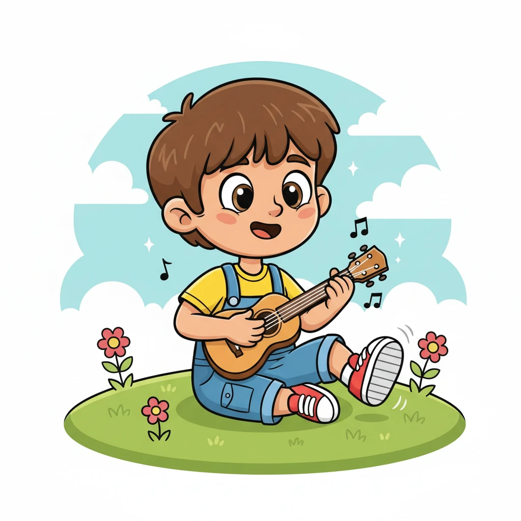 Next, a child with a charming mop-top haircut, reminiscent of The Beatles, strums a tiny ukulele with immense concentration. His eyes sparkle with musical dreams as he taps his foot to his own cheerful beat.