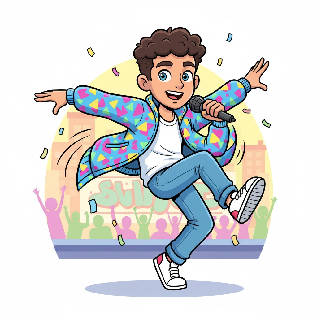 A cool teenager, styled like the Fresh Prince of Bel-Air, busts out a funky dance move, his bright jacket swishing with every turn. He gives a playful wink, ready to charm the crowd with his smooth moves and rhymes.