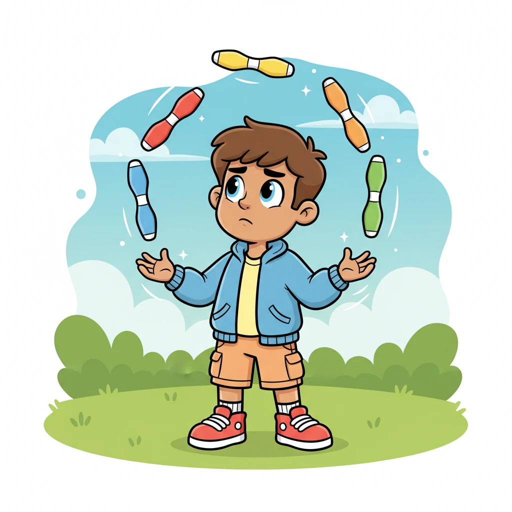 A thoughtful teenager, with a serious but kind expression, is deep in concentration, skillfully juggling colorful pins with surprising dexterity. He practices his complex act, aiming for perfection and a magical flair.