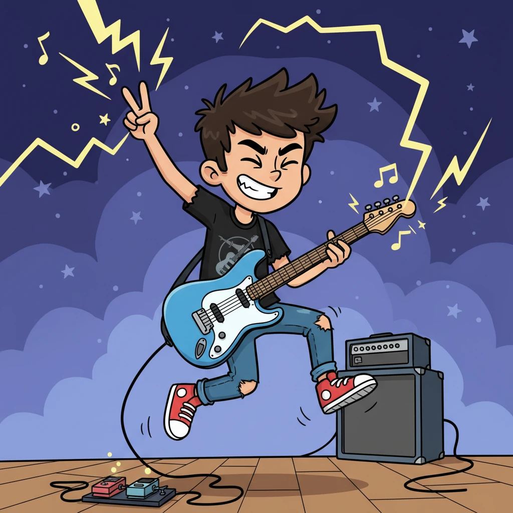 Another teenager, slightly older and with a more rebellious spirit, energetically rocks out on an electric guitar. He sends imaginary lightning bolts from his fingertips, complete with a playful, rock-star grin.