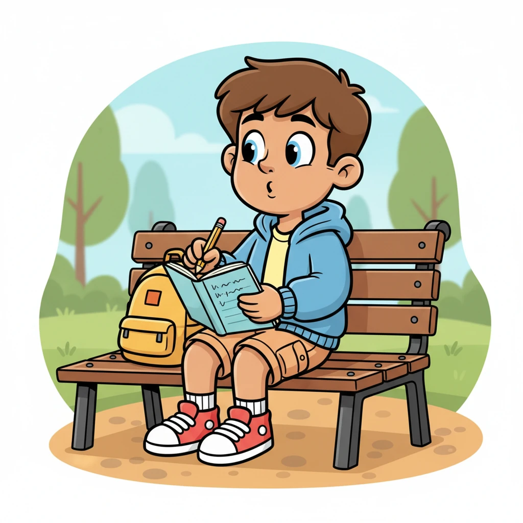 A nostalgic teenager, with a quiet demeanor, sits on a prop bench, observing the others with a gentle smile. He hums a sweet melody, writing lyrics in a small notebook, his subtle talent waiting to blossom.