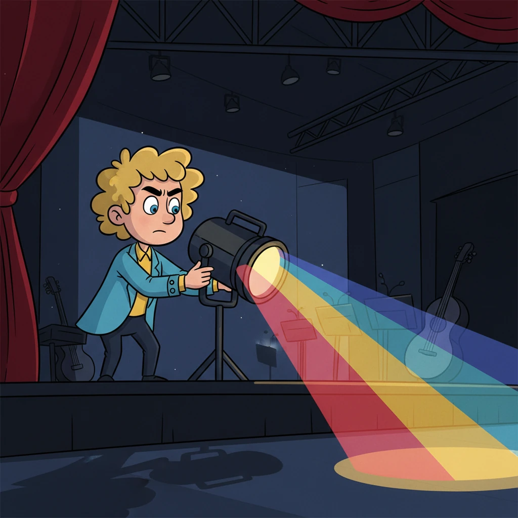 A man with a keen eye and a focused expression meticulously adjusts a spotlight, creating dramatic shadows and vibrant colors for the stage. He's a master of atmosphere, ensuring every performance will be breathtaking.