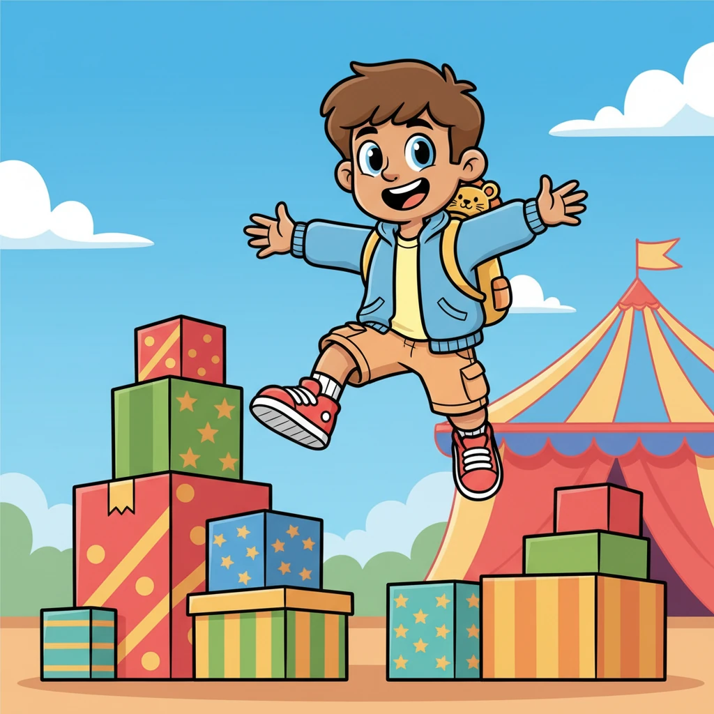 A rugged yet friendly man, reminiscent of an adventurous hero, leaps over a stack of colorful boxes, landing perfectly with a triumphant pose and a wide, confident smile. He's ready to bring thrilling action to the show.