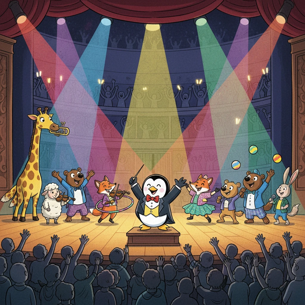 Maestro Piccolo proudly conducts as all the performers, a vibrant and diverse ensemble, take their places on the magnificent stage. Bathed in a rainbow of dazzling lights, they wave to an unseen, cheering audience, ready for their unforgettable "Night of Dynamic Performances!"