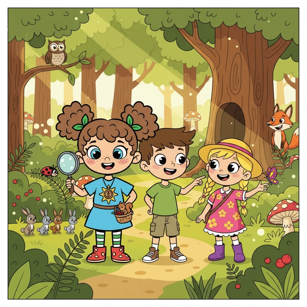 Um dia ensolarado, Bia e seus amigos, Leo e Nina, decidiram explorar a floresta. Eles estavam animados para descobrir novos cantos e conhecer os animais que lá viviam. A floresta parecia vibrar com vida.