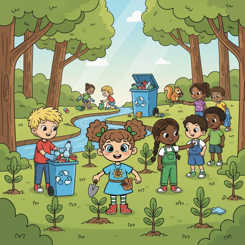 A partir daquele dia, Bia, Leo e Nina decidiram se tornar os guardiões da floresta. Eles começaram a limpar o lixo, plantar árvores e ensinar outras crianças sobre a importância de proteger os animais.