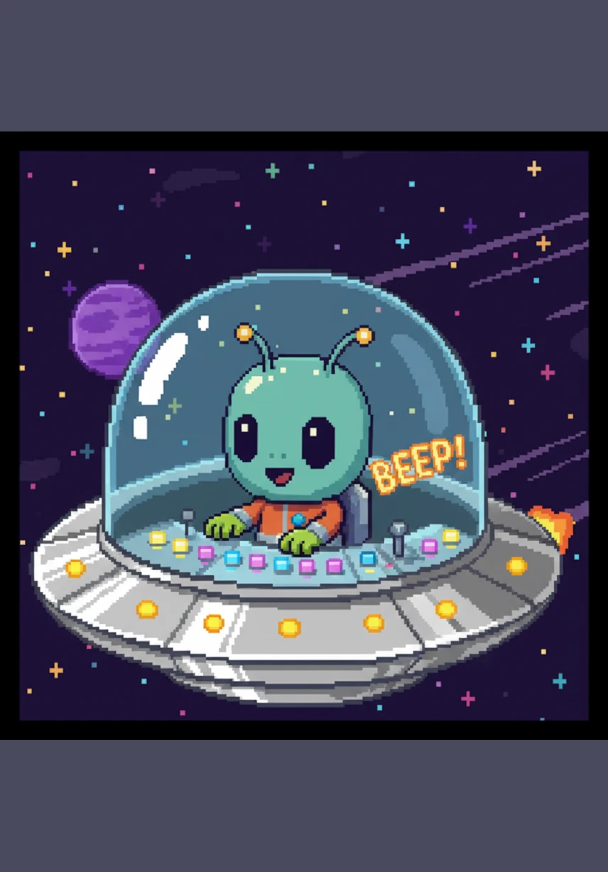 Zoggy sat in his shiny, silver saucer, pressing buttons that glowed like neon candies. With a joyful beep, the spaceship zoomed away from his purple home planet and into the vast, twinkling stars.