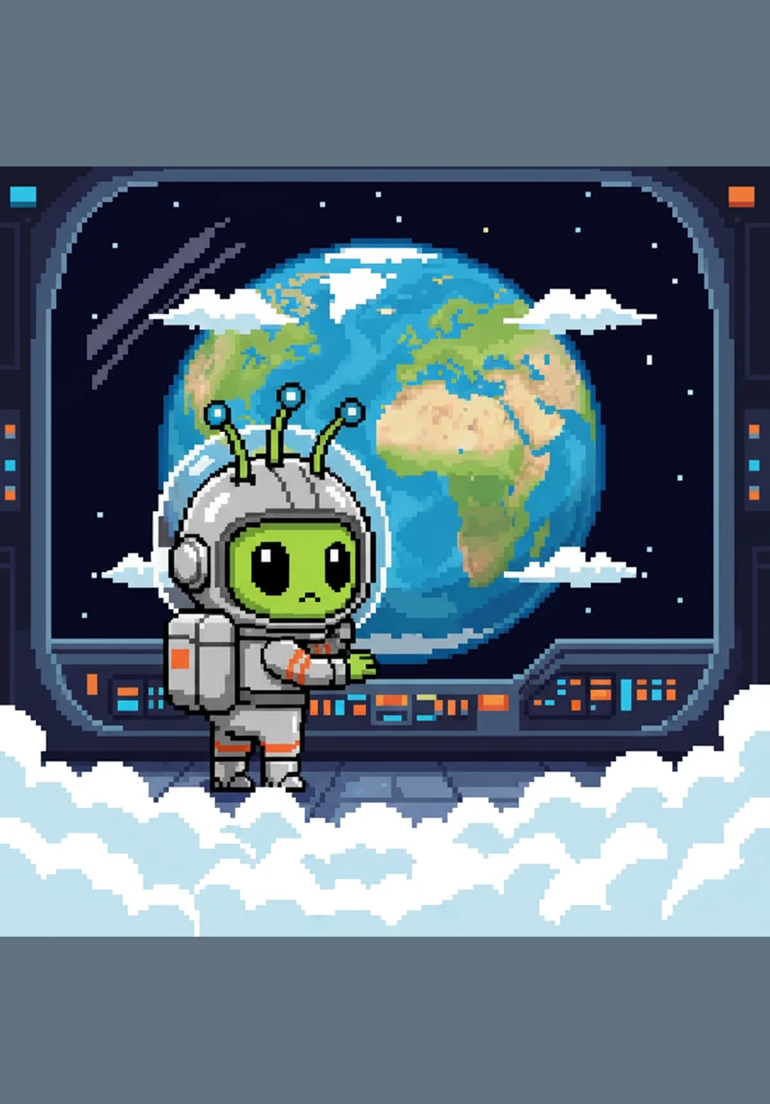 The Earth appeared like a giant blue and green marble floating in the dark. Zoggy leaned against the glass, his large eyes wide with wonder as he prepared for his big descent through the fluffy white clouds.