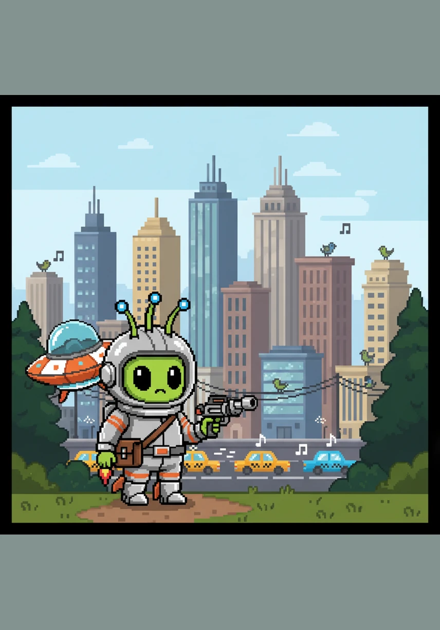 Walking toward the edge of the woods, Zoggy saw a bustling city with tall buildings that reached for the clouds. The sounds of honking cars and chirping birds were like a strange, beautiful symphony to his curious ears.