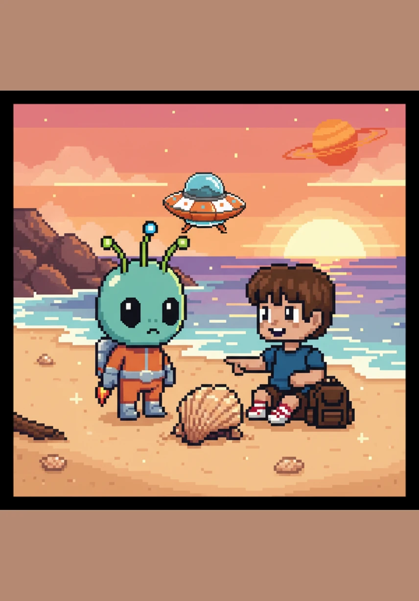 Later that afternoon, Zoggy visited a sandy beach and watched the rhythmic waves of the deep blue ocean. He collected a sparkly seashell, a special treasure to remind him of the planet's vast and mysterious waters.