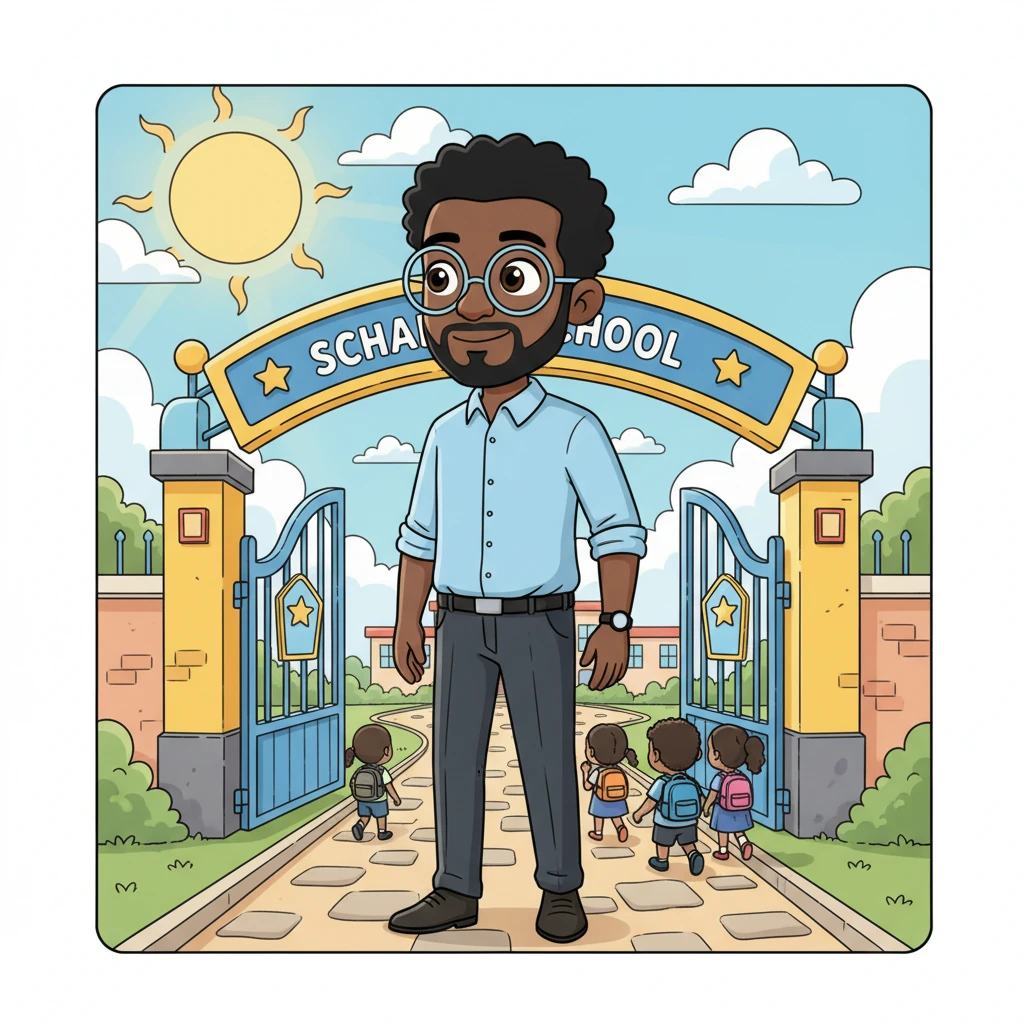 The school gate, a cheerful arch of bright yellow and blue, gleamed under the rising sun. Mr. Daniel Okorie, tall and composed, stepped onto the path, his long-sleeve shirt neatly tucked into dark trousers. His black wristwatch caught a glint of light as he began his slow, observant walk into the bustling morning.