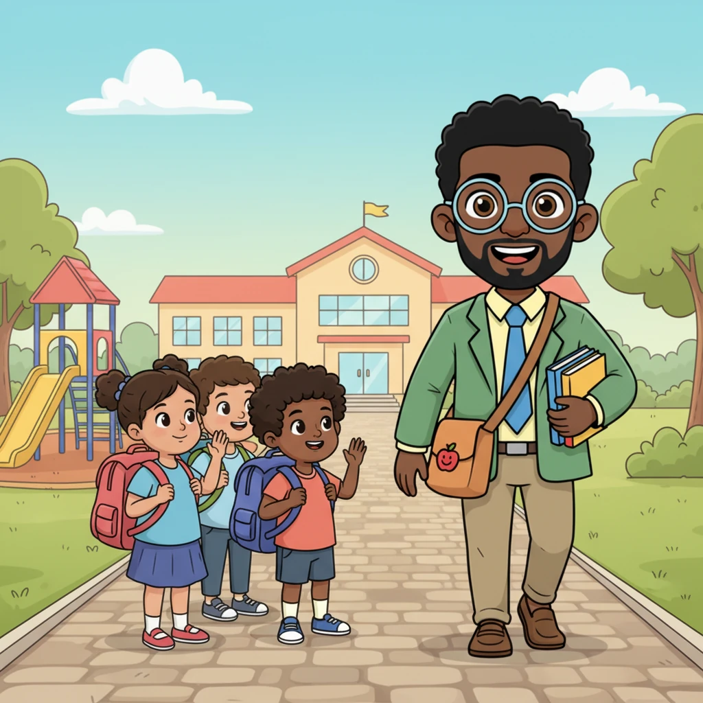 Soon, a group of early bird students, with backpacks almost as big as them, spotted him from near a colorful play area. Their excited chatter softened into respectful nods and gentle waves. Mr. Okorie's calm eyes took them all in, a silent acknowledgment of their morning greetings.