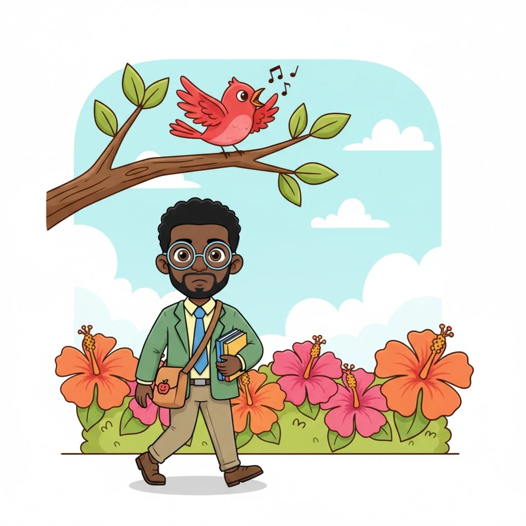 A little red bird with exaggerated wings chirped a cheerful tune from a branch above, adding a playful note to the morning air. Mr. Okorie walked past a row of blooming hibiscus flowers, their petals an explosion of bright pink and orange. He moved with purpose, his focus unwavering.