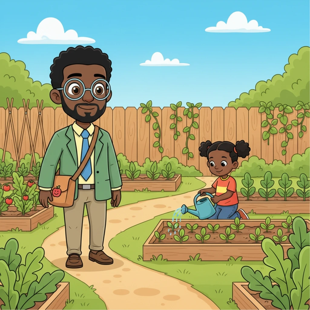 The path wound past the school's lively vegetable garden, where tiny green shoots promised future bounty. He noticed a student carefully watering a plant, a small smile playing at the corner of his lips, unseen by the student. The vibrant greens and browns of the garden popped with color.