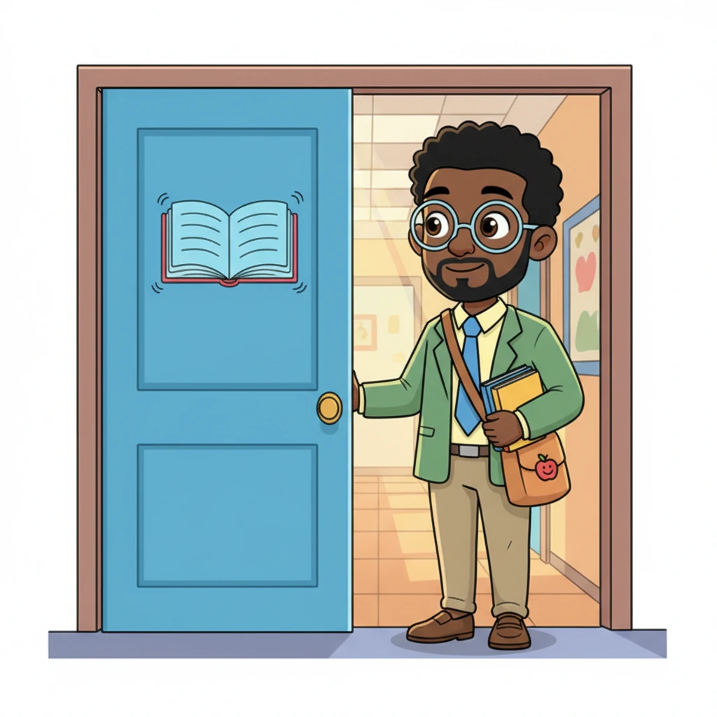 Finally, he arrived at the door of his classroom, a bright blue rectangle with a whimsical drawing of an open book. He paused for just a moment, a tall silhouette against the vibrant school hallway. The anticipation of the day's learning hung in the air.