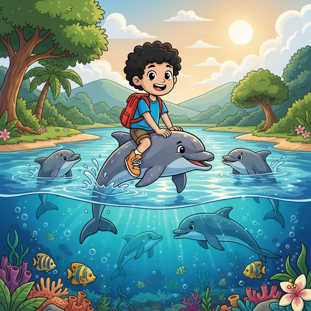 Zé chegou a um rio cristalino e avistou um grupo de golfinhos brincalhões. Os golfinhos o convidaram para um passeio em suas costas, e Zé aceitou com alegria. A sensação de deslizar pelas águas era mágica.