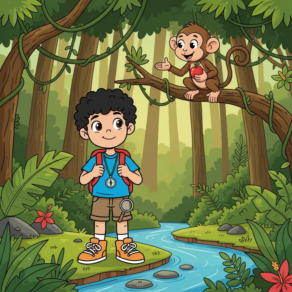 Do outro lado do rio, Zé encontrou uma floresta exuberante. Lá, ele conheceu um macaco tagarela chamado Chico. Chico se tornou seu amigo e guia, mostrando-lhe os segredos da floresta.