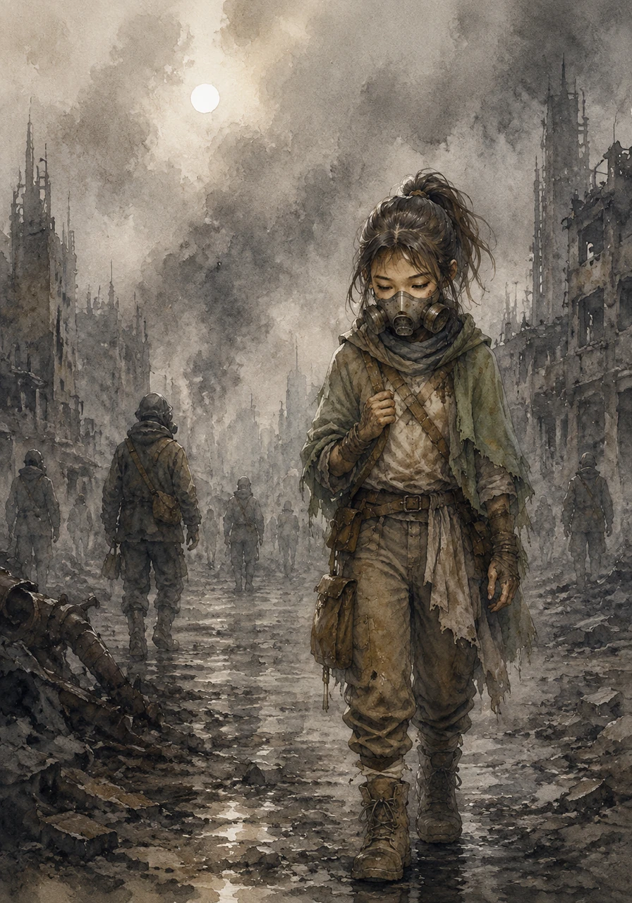Elara lives in a city where the sun is a pale ghost behind a heavy curtain of permanent grey smog. Like everyone else, she wears a bulky respirator, her breath sounding loud and rhythmic against the eerie silence of the muffled, soot-covered streets.