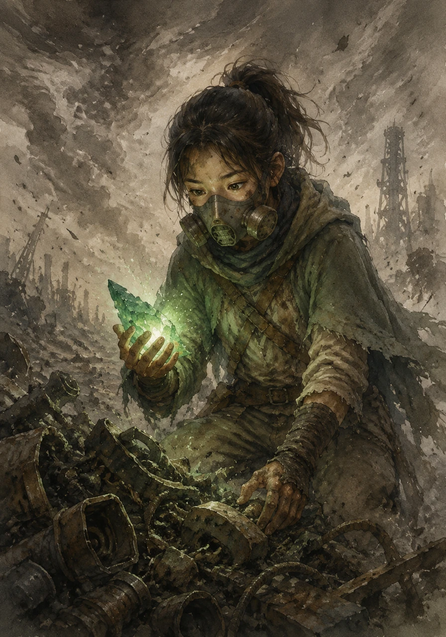 During a particularly fierce pollution storm, a sharp flash of emerald light catches Elara's eye amidst the swirling ash and debris. She reaches into a pile of industrial scrap and pulls out a jagged, glowing fragment of ancient jade that feels warm against her palm.