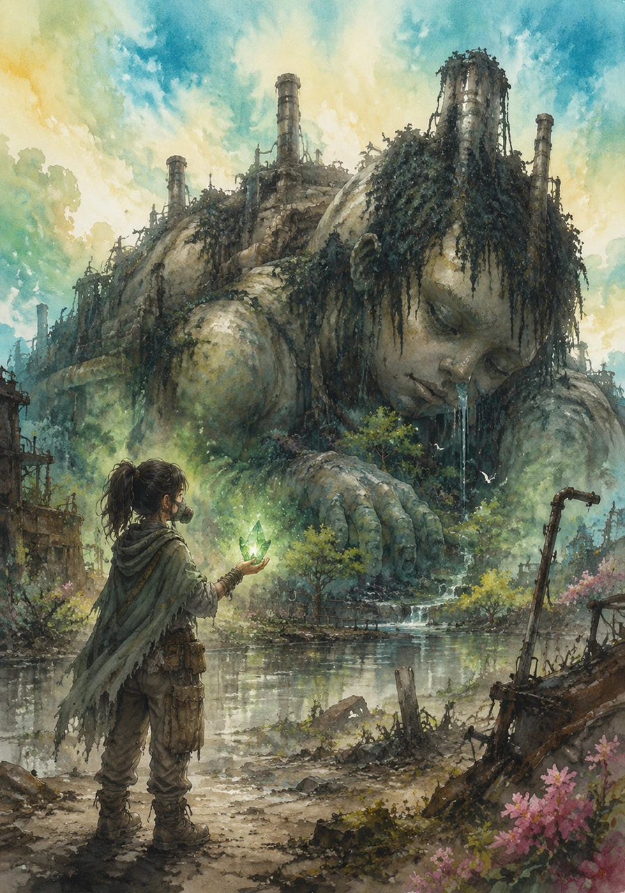 As Elara brushes the soot from the stone, the world around her shudders and transforms into a realm of vibrant, ink-washed colors. The towering steel factory across the street suddenly takes the form of a slumbering, stone-skinned giant covered in weeping black moss.