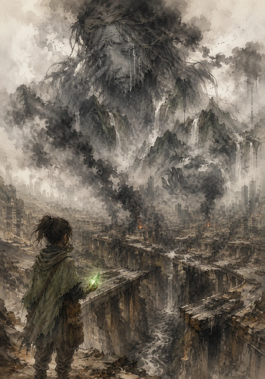She realizes that the thick smoke isn't just pollution, but a dark ink spreading across a hidden, spiritual mountain range. The highways she walks every day appear as deep, wounded canyons where the spirit of the earth itself seems to be crying out for help.