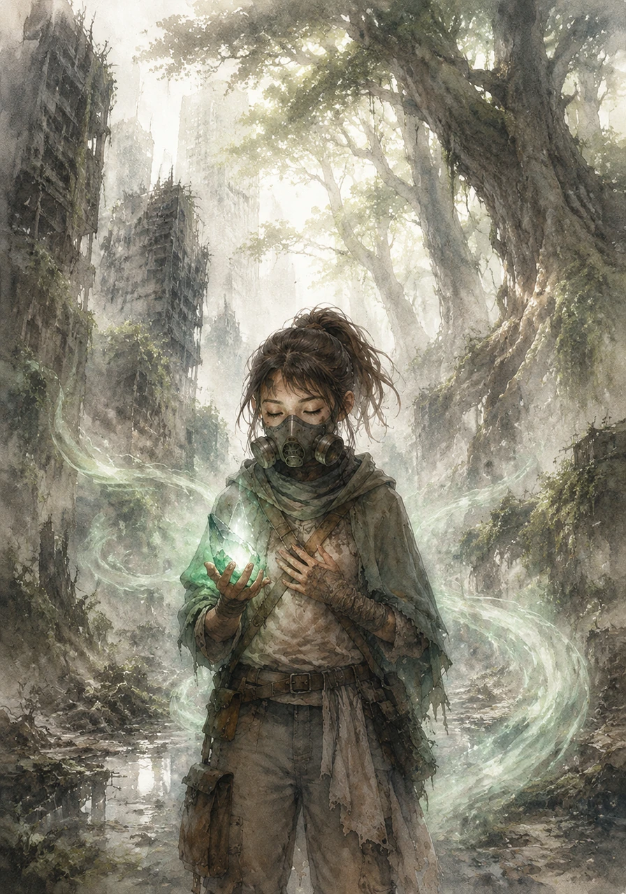 Closing her eyes, Elara focuses on her breathing, matching her heart's steady rhythm to the pulse of the jade fragment. With every slow, deliberate exhale, the oppressive smog thins, revealing the shimmering ghosts of ancient trees that once grew where skyscrapers now stand.