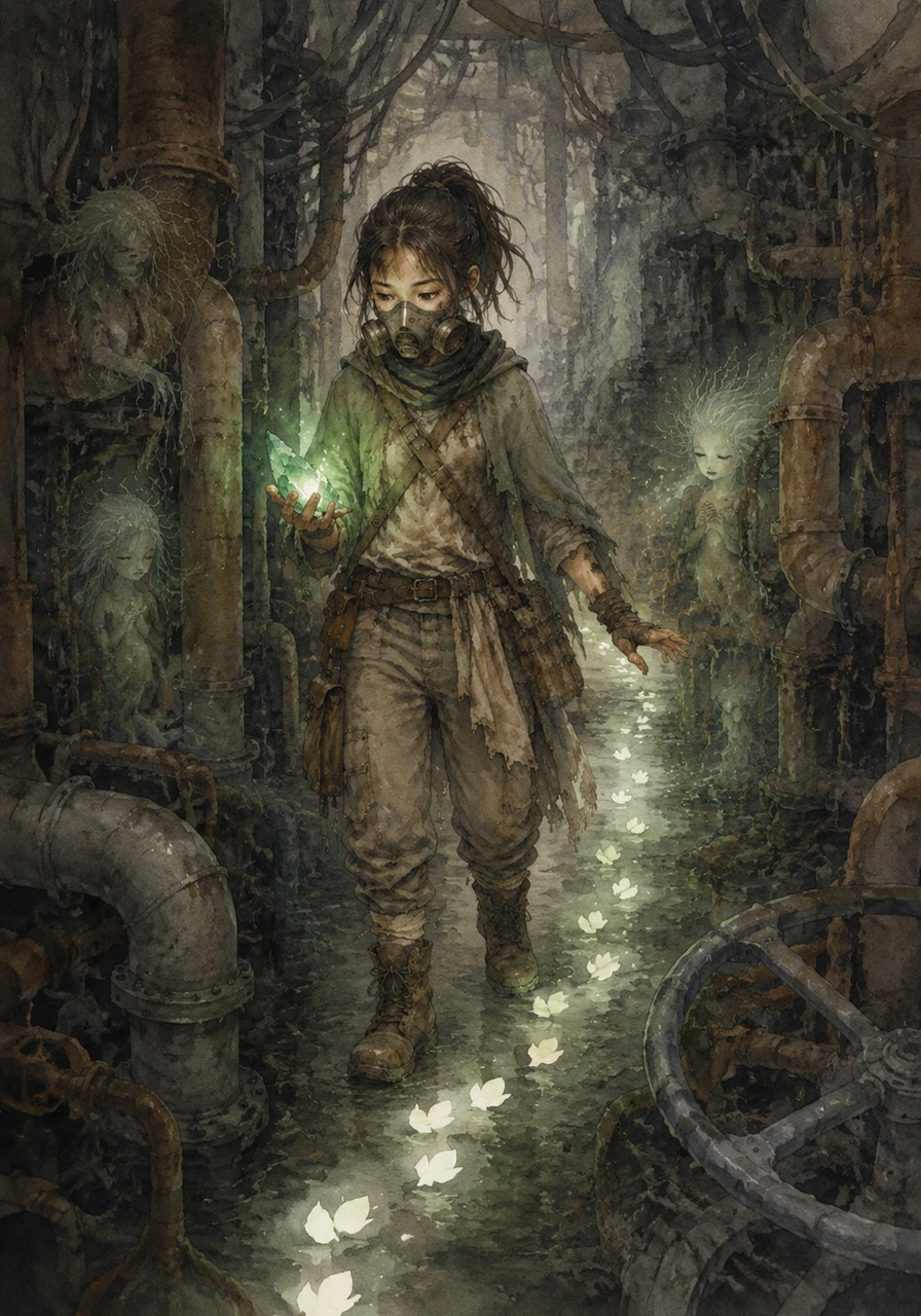 She follows a trail of glowing petals that only she can see, leading her through a maze of rusted pipes and humming wires. The harsh sounds of the city—the honking and grinding of metal—transform into the low, mournful songs of trapped nature spirits calling from the shadows.