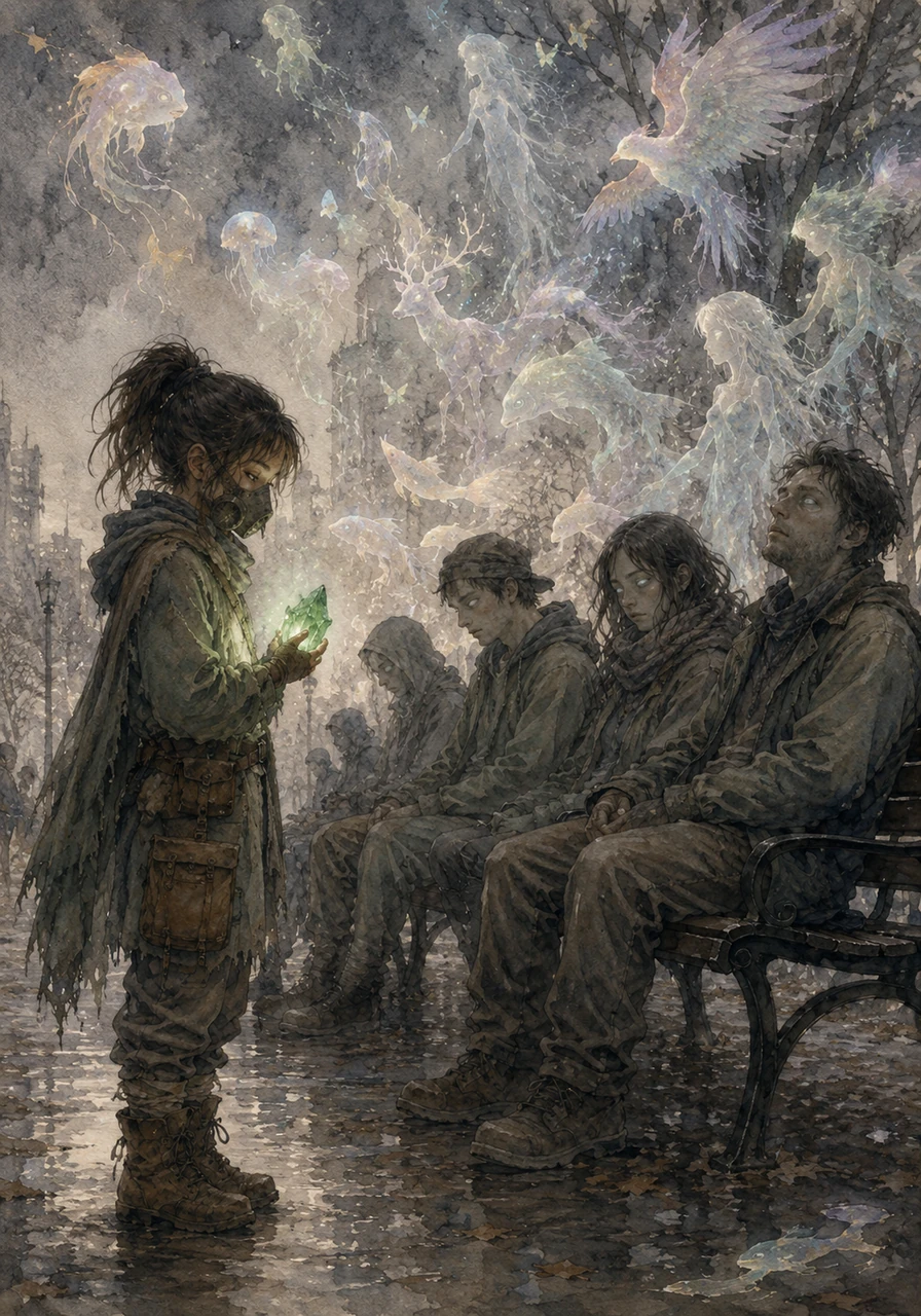 Elara finds a group of people sitting on a park bench, their eyes vacant and grey, completely unaware of the beautiful spirit world overlapping their reality. She holds the jade close, realizing how easily the heart forgets what it has lost when the sky stays dark for too long.