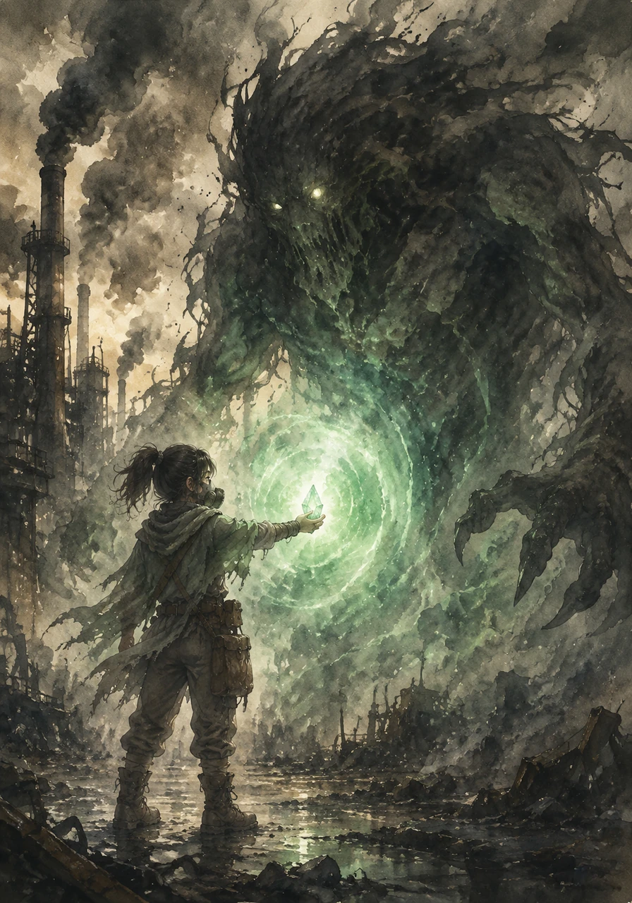 At the heart of the industrial zone, she encounters a massive shadow creature born from the city's toxic breath and collective neglect. Instead of running, she stands her ground and breathes deeply, projecting a wave of clarity and ancient light from her glowing fragment.