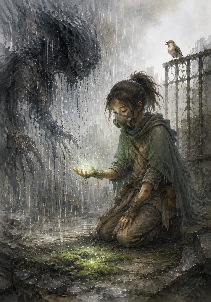 The shadow creature begins to dissolve into a gentle, cleansing rain, and for the first time in years, the sound of a real bird chirps from a nearby iron railing. A small patch of green moss begins to glow with a life that isn't artificial, responding to the purity of her intent.