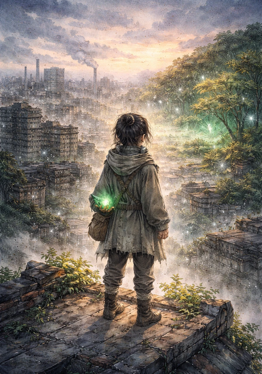 Elara stands on the highest rooftop at twilight, looking out at the dual nature of her home where the modern and spiritual worlds collide. Though the city remains grey to most, she now carries the vibrant colors of the hidden world in her lungs, vowing to breathe life back into the forgotten earth.