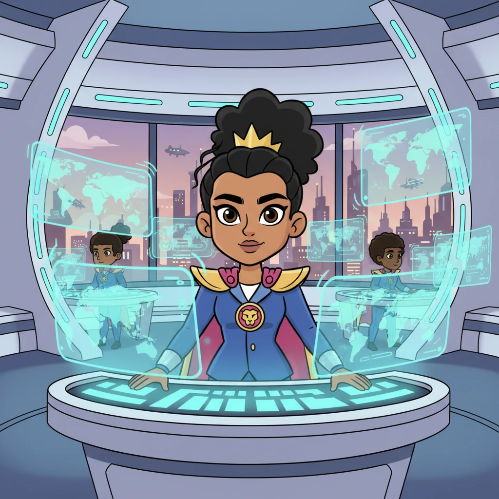 Lyra stands tall at the heart of her futuristic command center, her mid-length hair flowing slightly as she surveys holographic maps. Her tanned skin glows against the console lights, and her expressive eyes show focused determination. Her commanding presence fills the room with quiet authority, setting the tone for the day.