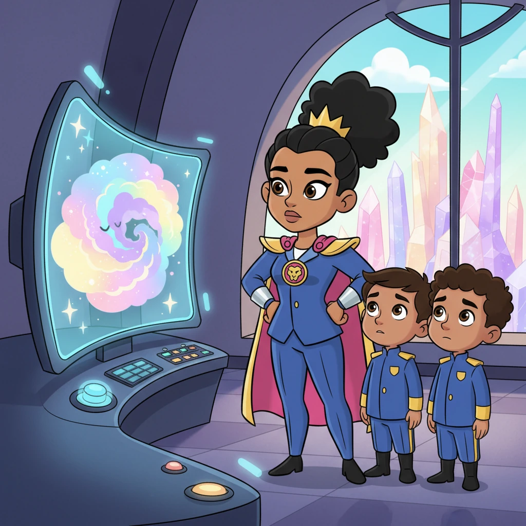 Suddenly, a small, playful alarm blips on a screen, showing a strange, swirling cloud approaching the sparkling crystal city limits. Junior officers look up, a little worried, but glance to Lyra for guidance. The cloud looks colorful but potentially mischievous, hinting at an unexpected challenge.