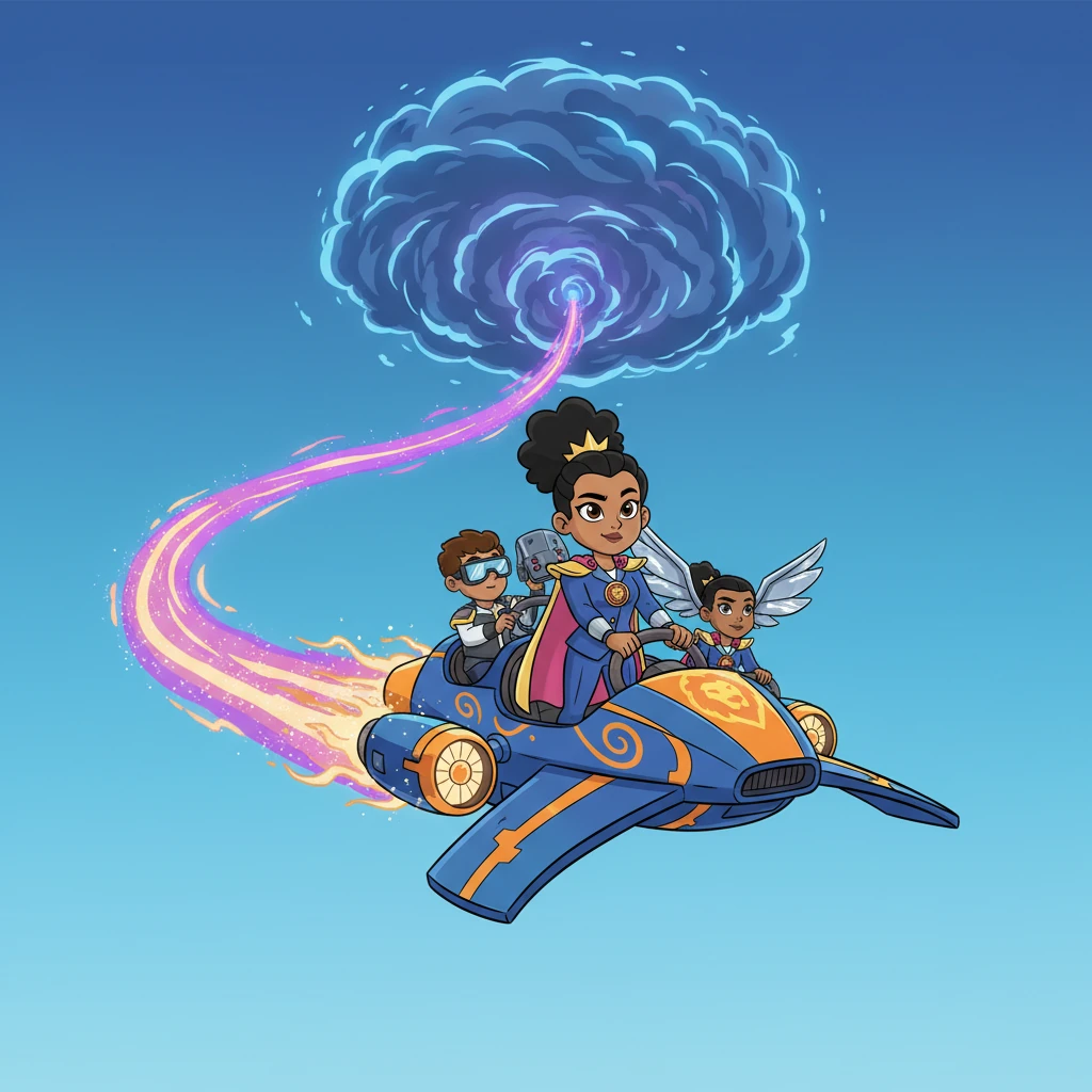 Lyra leads a small, specialized team aboard a sleek, colorful sky-skimmer, soaring towards the mysterious cloud. Her powerful stance at the helm shows she is ready to face anything that comes their way. The sky-skimmer leaves a vibrant trail of sparkling energy as it cuts through the bright blue sky.