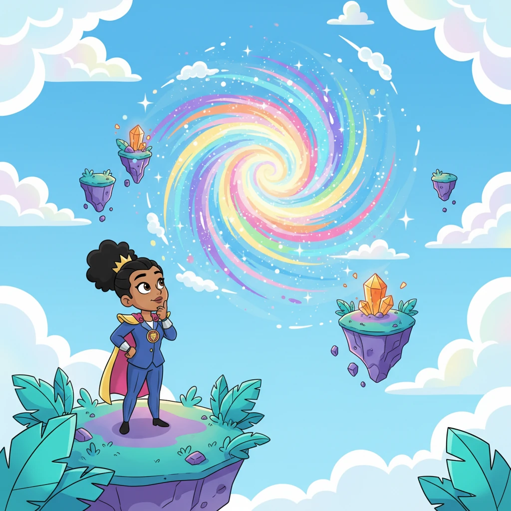 They arrive at the swirling cloud, which turns out to be a giant, playful vortex of colorful, sparkling energy, gently pulling at nearby floating islands. It’s not malicious, just a little too boisterous and needs a gentle hand. Lyra observes it with a thoughtful, curious expression, already formulating a plan.