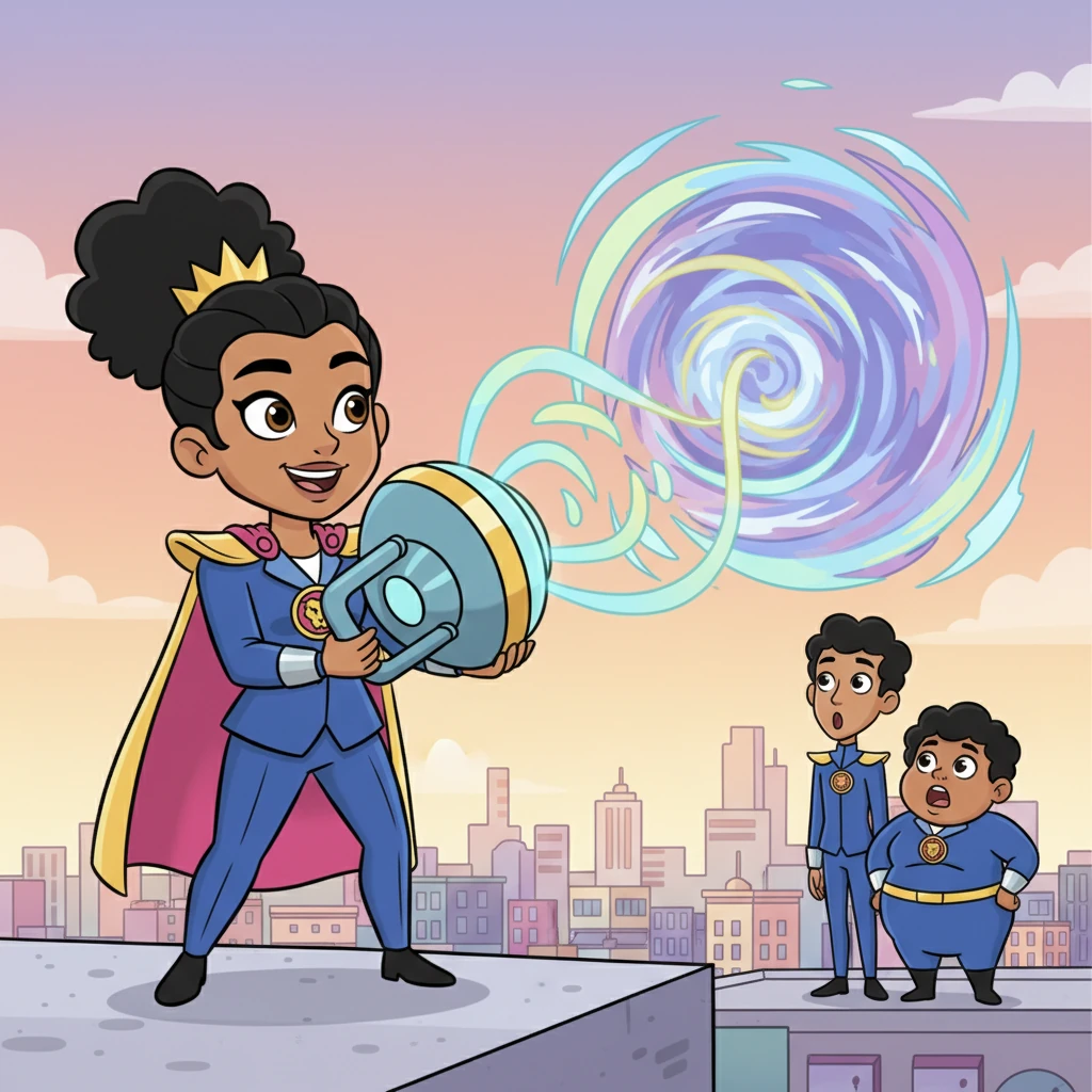 Lyra, with a twinkle in her eye, devises a brilliant plan. Instead of fighting the vortex, she uses a special sonic device to harmonize with its energy, gently guiding it away from the city. Her team watches in awe and admiration as her clever solution begins to work its magic.