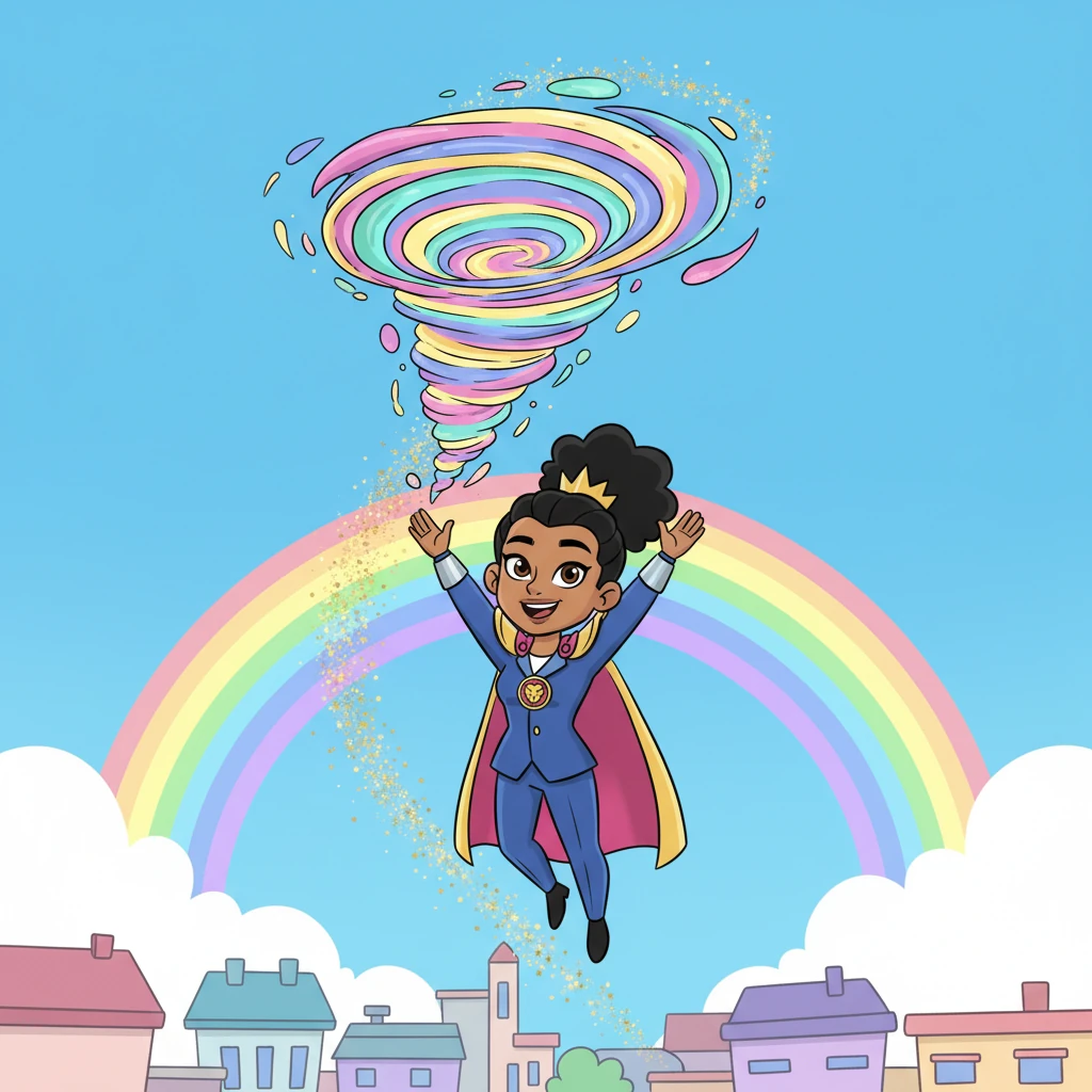 With Lyra's expert guidance, the colorful vortex slowly drifts harmlessly into the open sky, leaving behind a trail of shimmering stardust. The city below is safe, and a beautiful rainbow arc appears in the sky. Lyra smiles, satisfied with a challenge met and overcome.